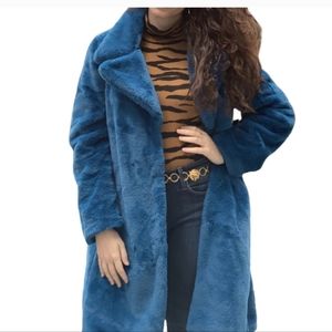 Badgley Mischka Blue Faux Fur Coat Lined XLarge Women's Long Midi Soft